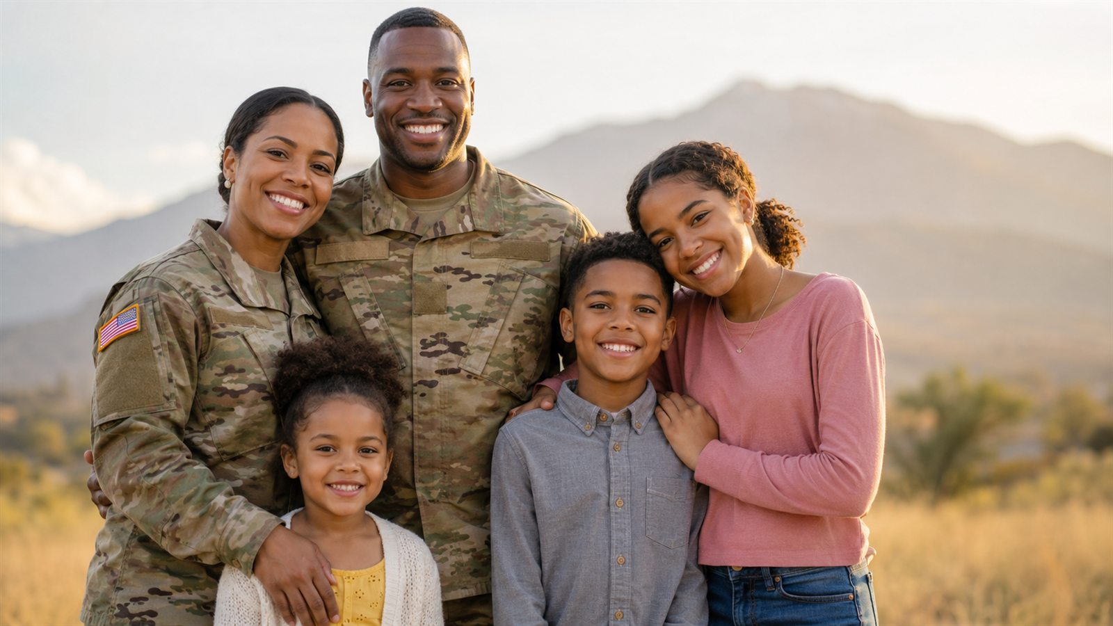 A military family: a service member and spouse in uniform with their three children.