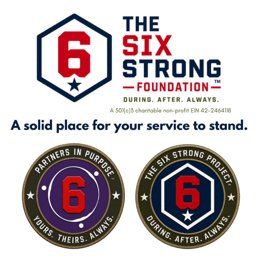 The combined logo: The Six Strong Foundation mark and tagline with the Partners In Purpose and Six Strong Project challenge coins.
