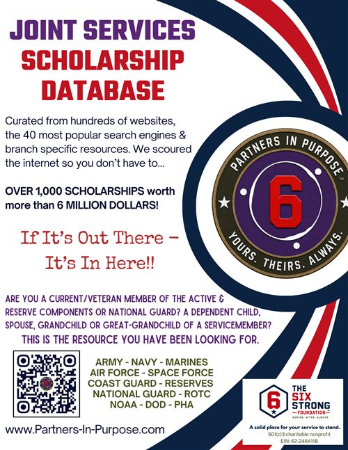 Joint Services Scholarship Database flyer: over 1,000 scholarships worth more than 6 million dollars.